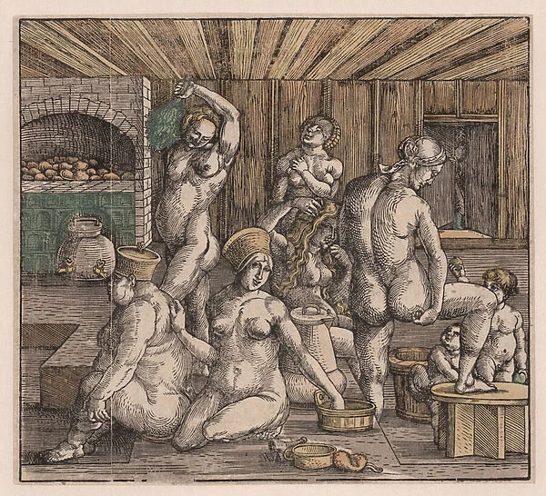 The womens bath, by Duerer, Albrecht (1471-1528). Woodcut, watercolour, c. 1500