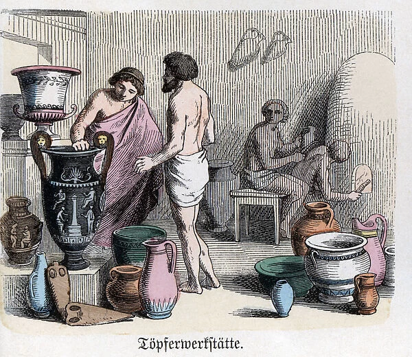 Ancient History. Greece. Pottery workshop, manufacturing of amphorae. German engraving, 1865