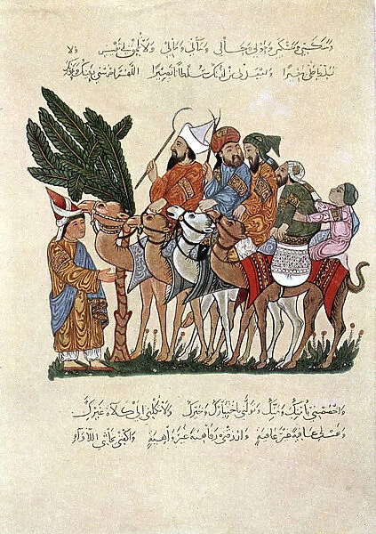 Arabian travellers on camels, being greeted at the end of their journey