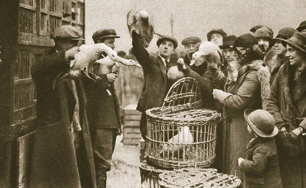 Buying live poultry at a Pedlars Market at the Caledonian Market, London, 20th century