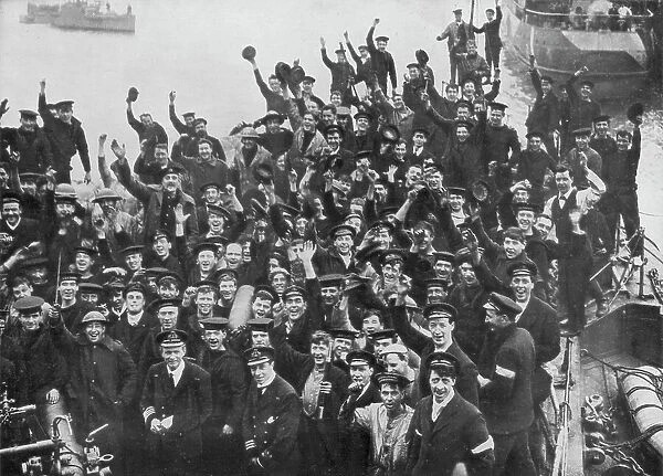 The crew of HMS Vindictive celebrating the Zeebrugge Raid on 23 April 1918