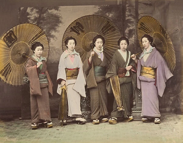 [Five Japanese Women in Traditional Dress with Parasols], 1870s. Creator: Unknown