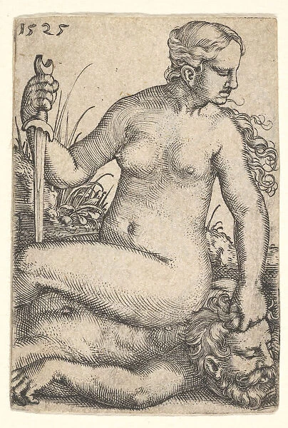 Judith, looking towards the right, seated nude atop the dead body of Holofernes