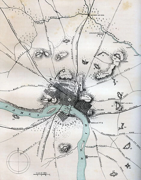 A map of Richmond and its vicinity showing all batteries, 1862-1867. Artist: W Kemble