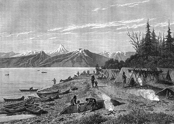 A Native American camp at the edge of the Yukon river, USA, 19th century. Artist: Hurel