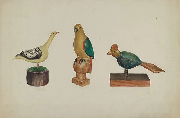 Pa. German Three Carved and Painted Birds, c. 1937. Creator: Victor F. Muollo