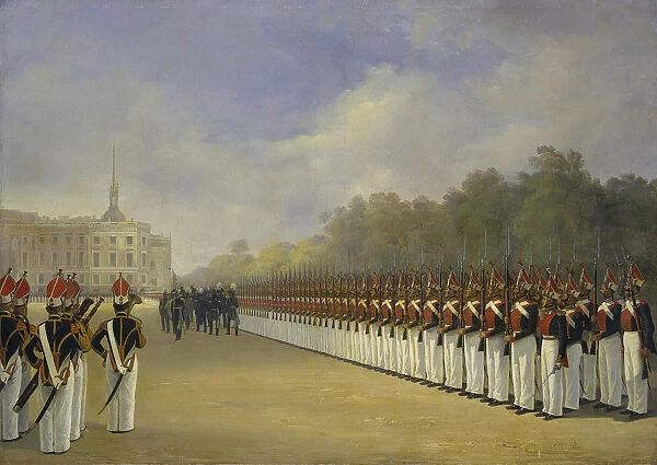 Parade of the Pavlovsky Guard Regiment on the Field of Mars in Saint Petersburg, 1830s. Artist: Ladurner, Adolphe (1798-1856)