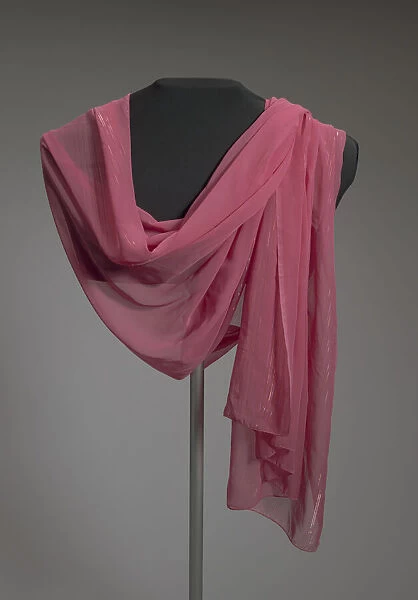 Wide pink scarf with metallic border from Maes Millinery Shop, 1941-1994