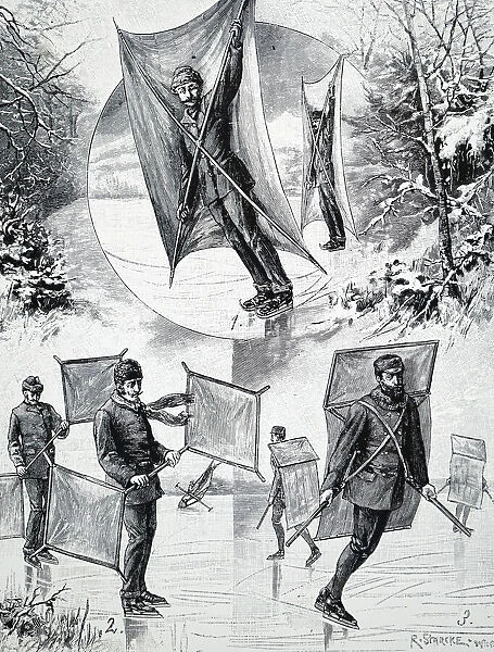 Illustration depicting sail skating, 19th century