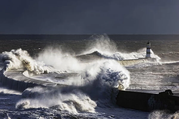 Waves Crashing On Lighthouse, Seaham, Teesside, England