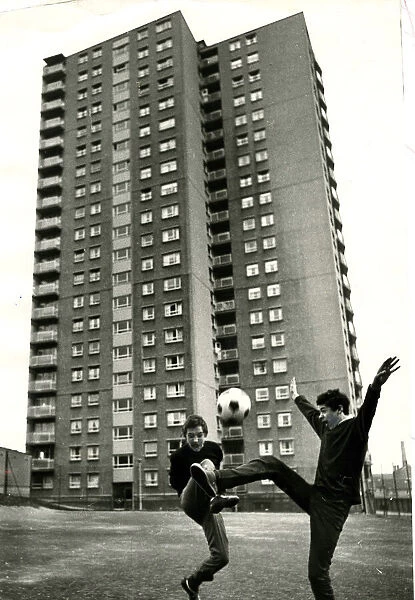 Boys playing football high rise flats Royston Glasgow 1966 Garry mcDonald