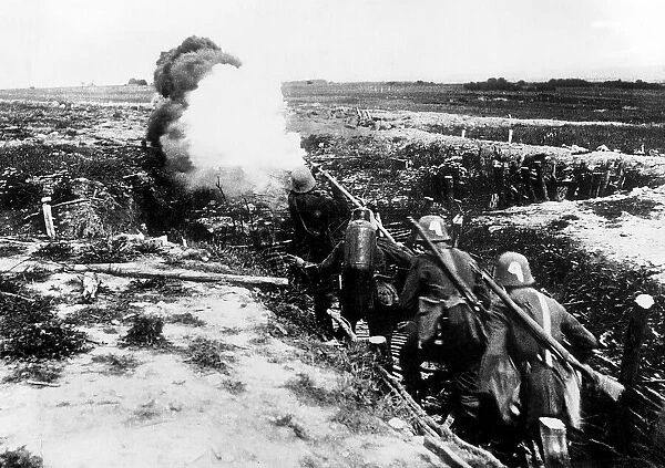 World War One German troops in a trench attack the Allied forces with a flamethrower