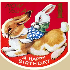 Birthday Card, Rabbit riding on larger Rabbit