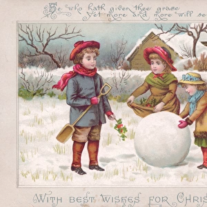 Three children with a large snowball on a Christmas card