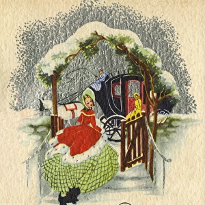 Christmas card, Lady in snow with stagecoach