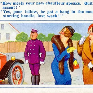 Comic postcard, Two women discuss chauffeur