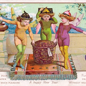Fairies carrying a hamper on a New Year card