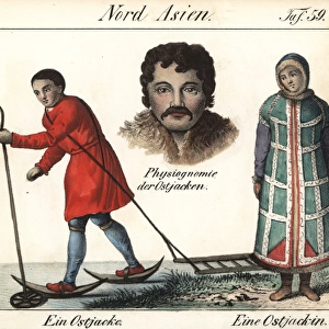 Khanty or Ostyak man wearing skis, woman with