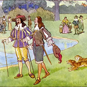 King Charles II walks in St. Jamess Park with his brother