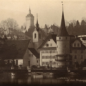 Lucerne - View with the Musegg Wall & Towers in rear