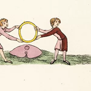 Medieval tumbler jumping through hoop