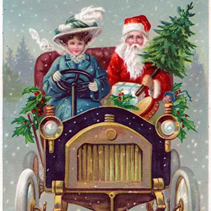 Santa Claus in a car on a Christmas postcard