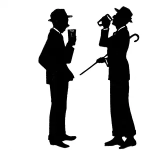 Silhouette of two men drinking beer