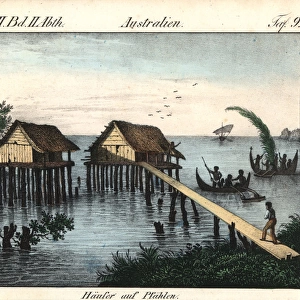 Stilt houses on Rawak Island and outrigger canoes