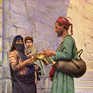 Water carrier handing a drink to a woman, Cairo, Egypt