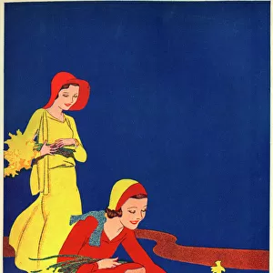 Women picking daffodils in Art Deco style