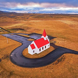 Aerial view of Ingjaldsholl church at Hellissandur, Snaefellsjokull National Park, Snaefellsnes Peninsula, Vesturland, West Iceland, Iceland, Polar Regions