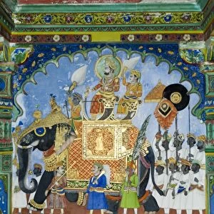 Beautiful mughal frescos on walls of the Juna Mahal Fort