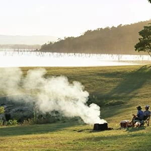 Campers by Lake Tinaroo, a recreation area in the Barron River hydro system on the Atherton Tableland, south west of Cairns, Queensland