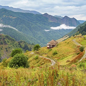 House in mountains near Ushguli, Svaneti mountains, Caucasian mountains, Georgia, Central Asia, Asia
