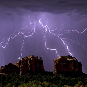 Lightning storm striking Cathedral Rock in Sedona viewed from the Little Horse Trail