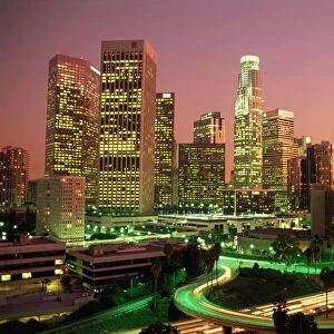 Los Angeles skyline and freeways, illuminated at night, California, United States of America