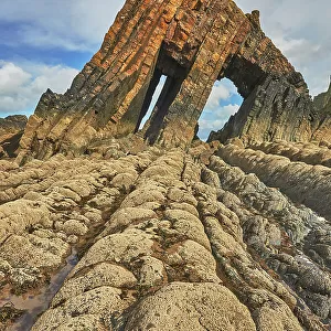The massive triangle of Blackchurch Rock, on the north coast of Devon, near Clovelly, Devon, England, United Kingdom, Europe