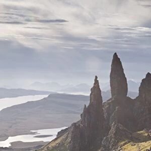 The Old Man of Storr, a rock formation on the edge of the Trotternish Ridge, Isle of Skye, Inner Hebrides, Scotland, United Kingdom, Europe