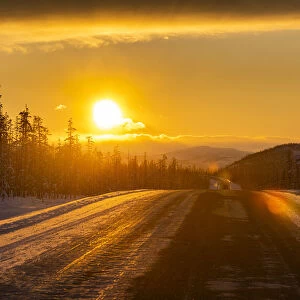 Sunset over the Road of Bones, Sakha Republic (Yakutia), Russia, Eurasia