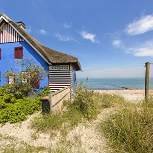 Blue beach house, Graswarder, Heiligenhafen, Schleswig-Holstein, Germany, Europe