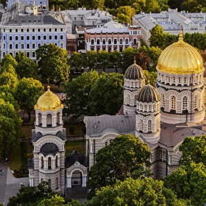 Nativity of Christ Orthodox Cathedral at sunset, elevated view, Riga, Latvia