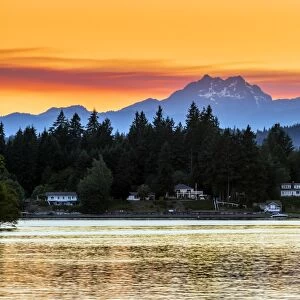 Picturesque sunset view over the Olympic Peninsula mountains, Bremerton, Kitsap Peninsula