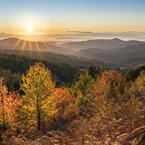 Sunrise in the Rhodope Mountains in autumn, Bulgaria
