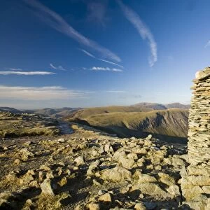 A cairn on the summit of Dale Head in the Lake District above the Newlands Valley UK