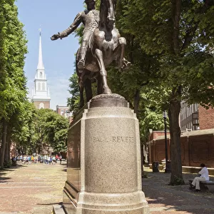 Statue of Paul Revere, Old North Church behind, North End, Paul Revere Mall, Boston