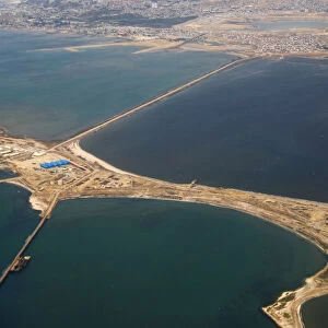 An aerial view of the Caspian Sea near the city of Baku is pictured through the window of