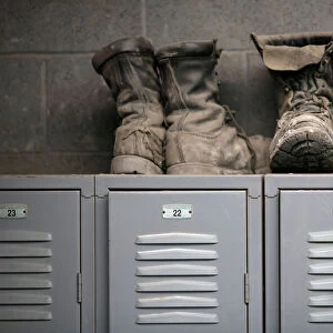 Coal mining boots are shown above miners lockers before the start of an afternoon shift