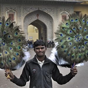 Hawker with decorative peacock feather fans being sold to tourists in Jaipur India