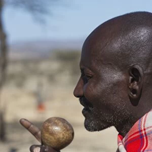 Masai elder holding a Rungu a club used for throwing to ward off hyenas and other