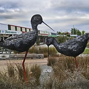 Metal sculptures of the Black Stilt (Kaki) in the market place Twizel made by local